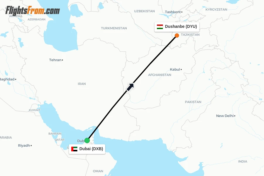 Flights from Dubai to Dushanbe route map