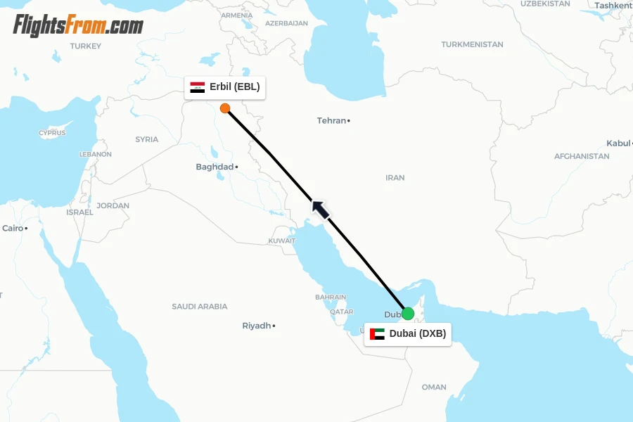 Flights from Dubai to Erbil route map