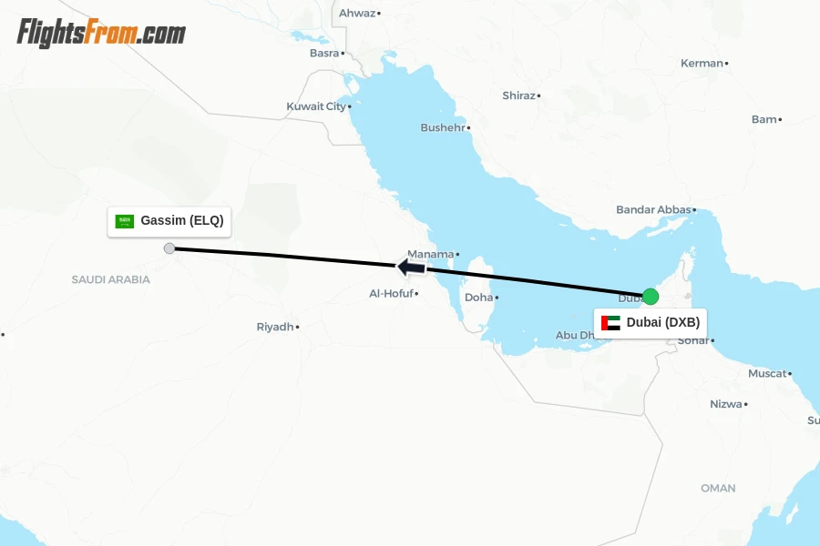 Flights from Dubai to Gassim route map