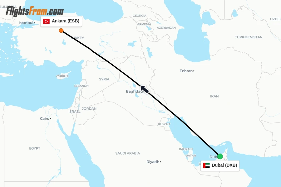 Flights from Dubai to Ankara route map