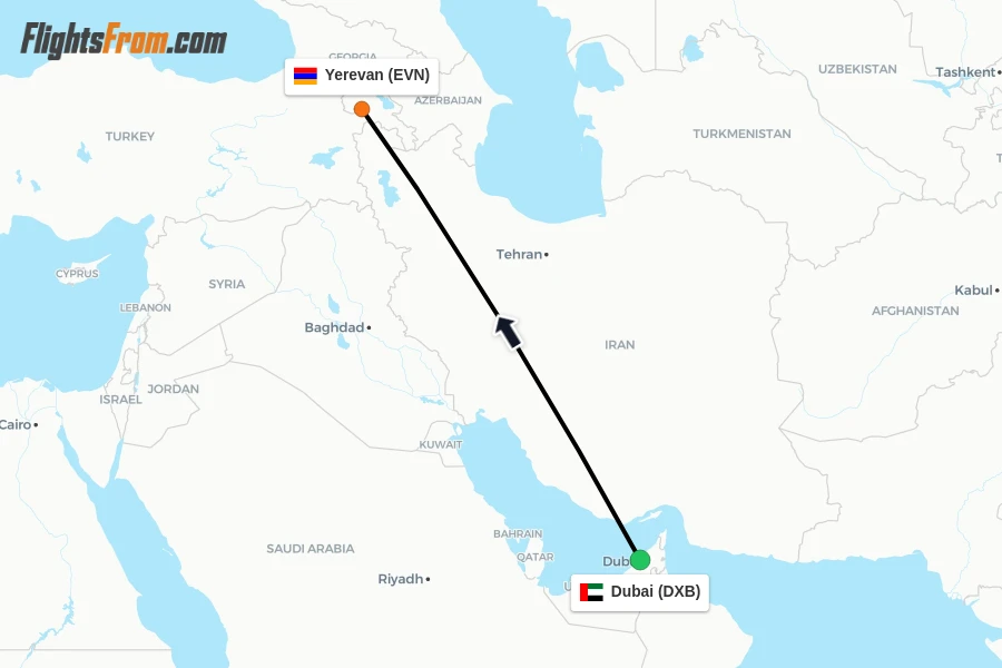 Flights from Dubai to Yerevan route map