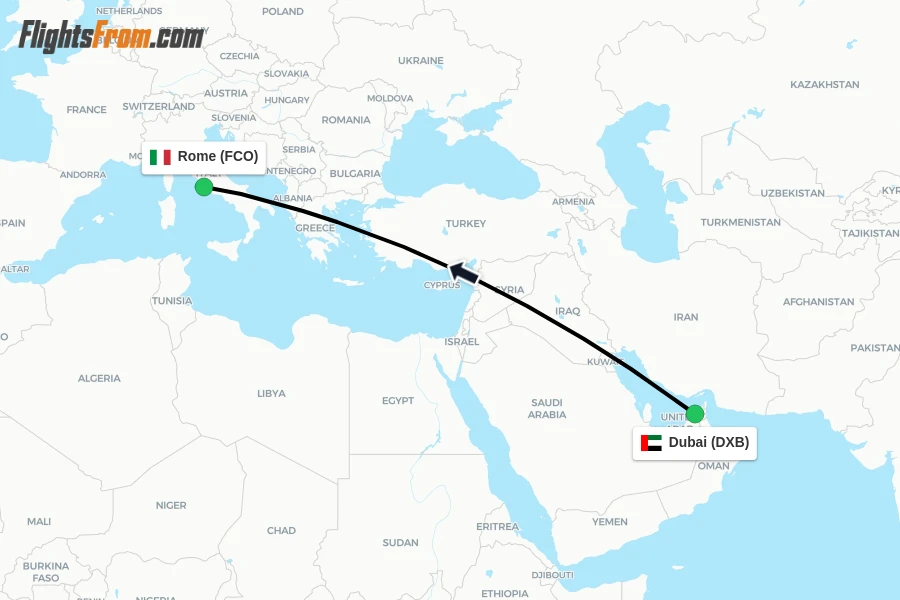 Flights from Dubai to Rome route map