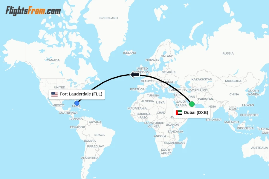 Flights from Dubai to Fort Lauderdale route map