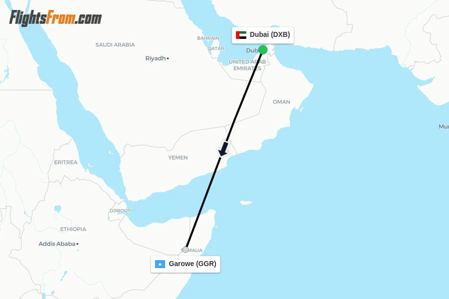 Flights from Dubai to Garowe route map