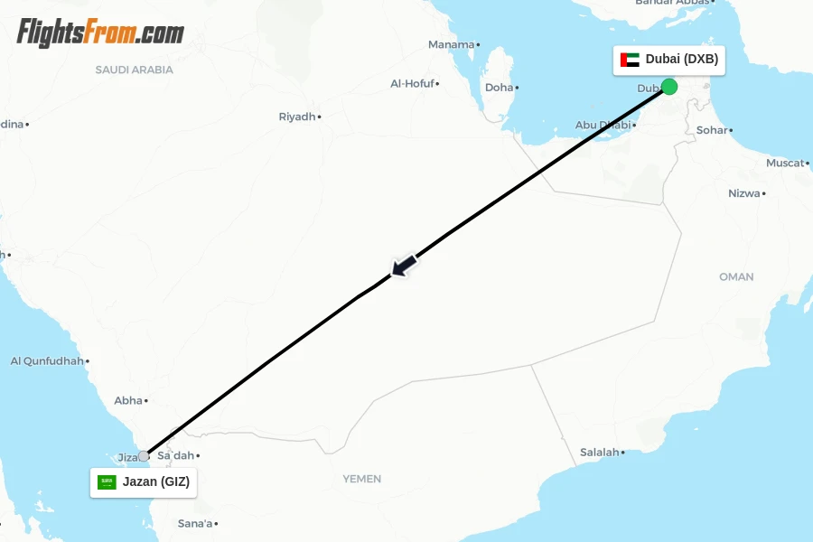 Flights from Dubai to Jazan route map
