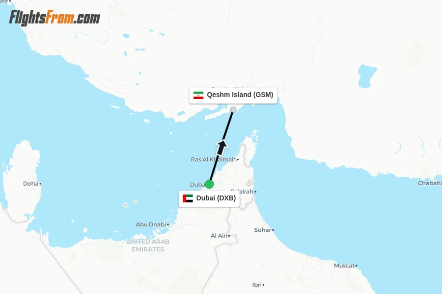 Flights from Dubai to Qeshm Island route map