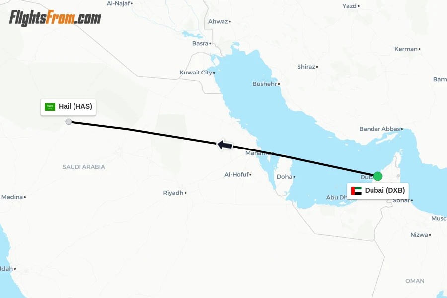 Flights from Dubai to Hail route map