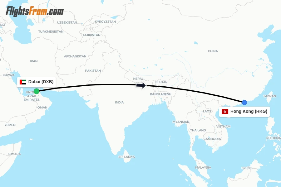 Flights from Dubai to Hong Kong route map