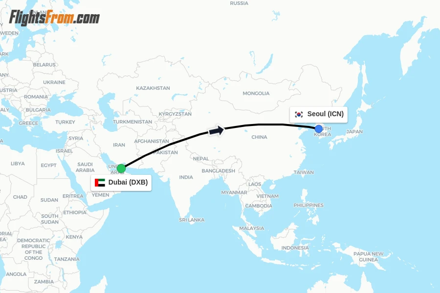 Flights from Dubai to Seoul route map