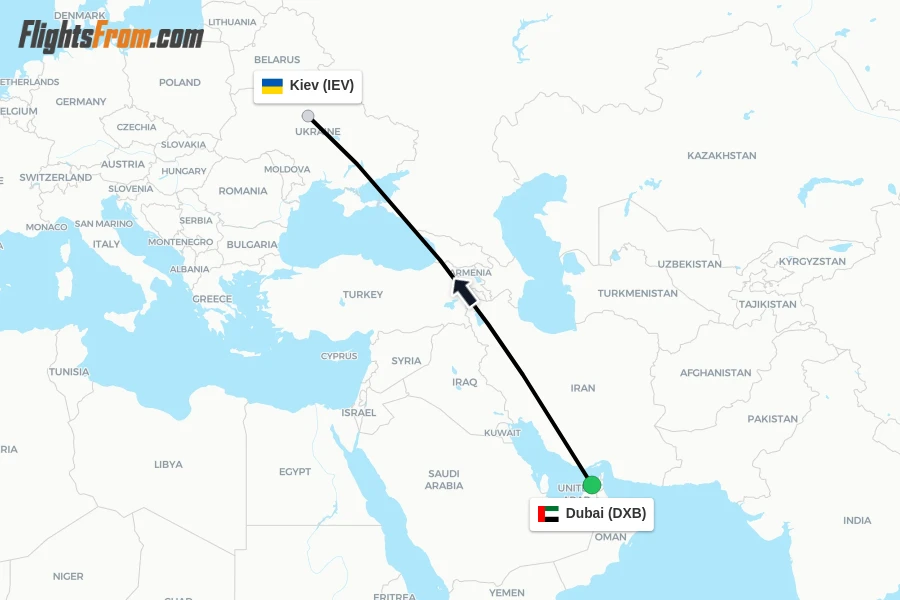 Flights from Dubai to Kiev route map