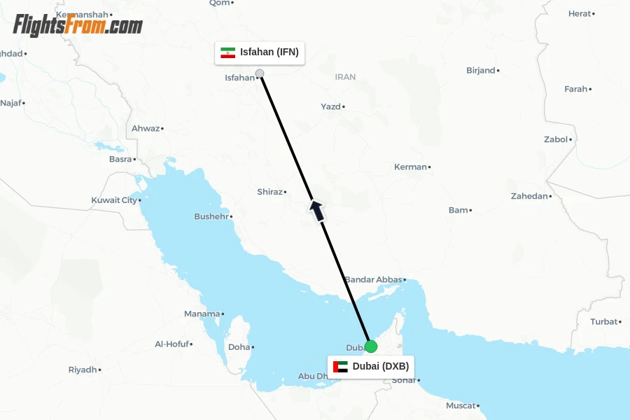 Flights from Dubai to Isfahan route map