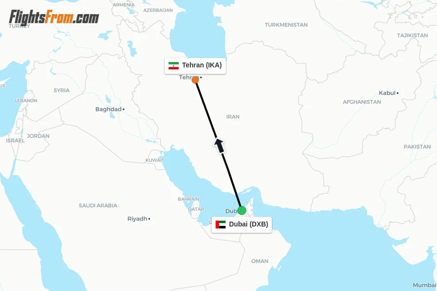 Flights from Dubai to Tehran route map