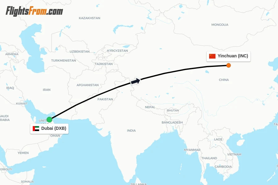 Flights from Dubai to Yinchuan route map