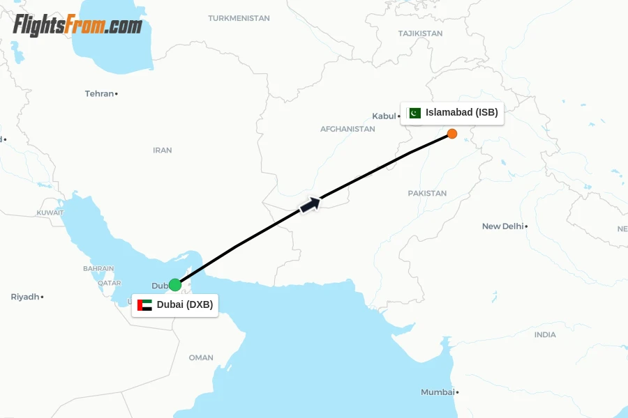 Flights from Dubai to Islamabad route map