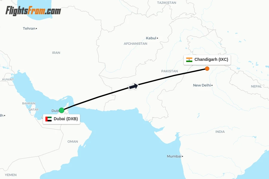 Flights from Dubai to Chandigarh route map