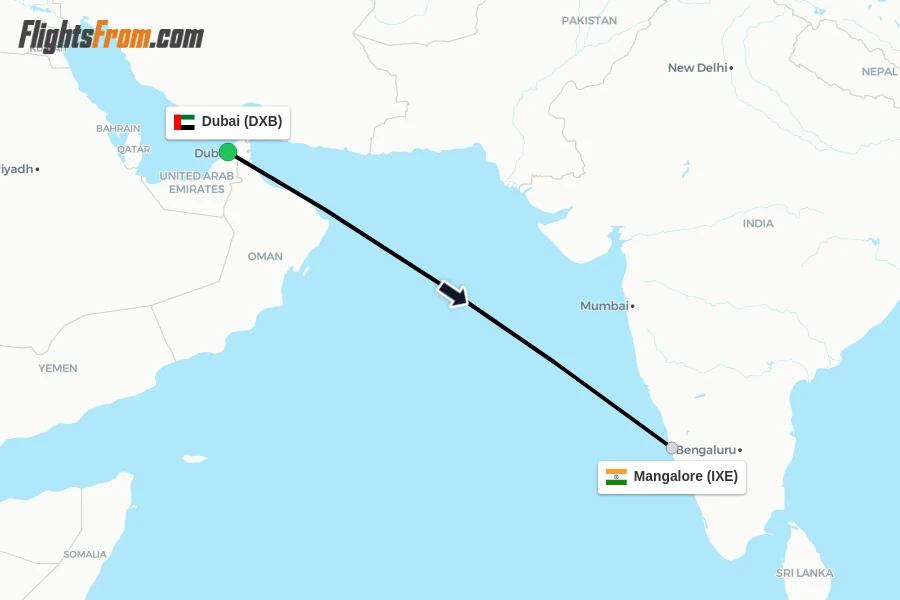 Flights from Dubai to Mangalore route map