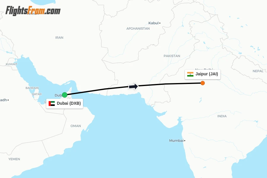 Flights from Dubai to Jaipur route map