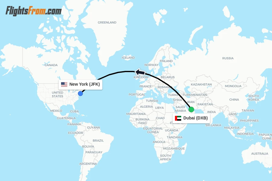 Flights from Dubai to New York route map