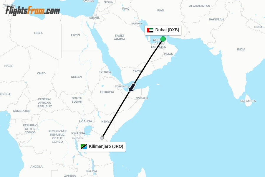 Flights from Dubai to Kilimanjaro route map