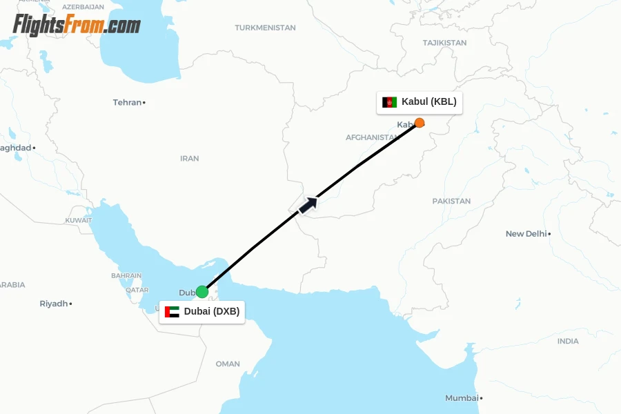 Flights from Dubai to Kabul route map