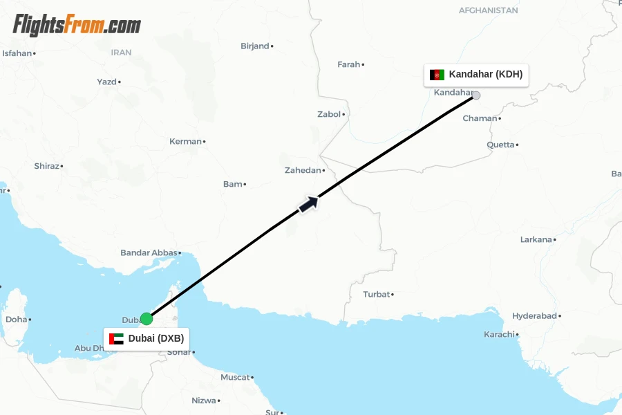 Flights from Dubai to Kandahar route map