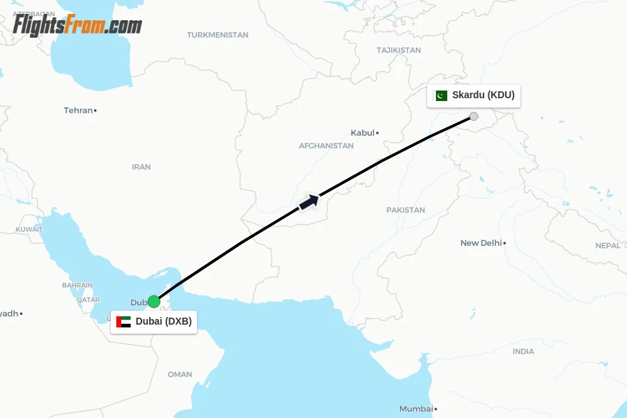 Flights from Dubai to Skardu route map