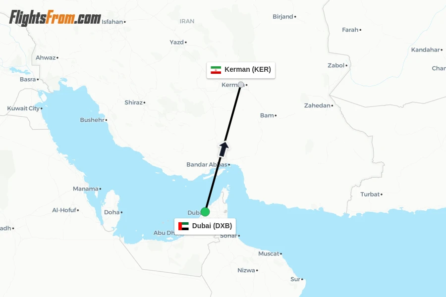 Flights from Dubai to Kerman route map