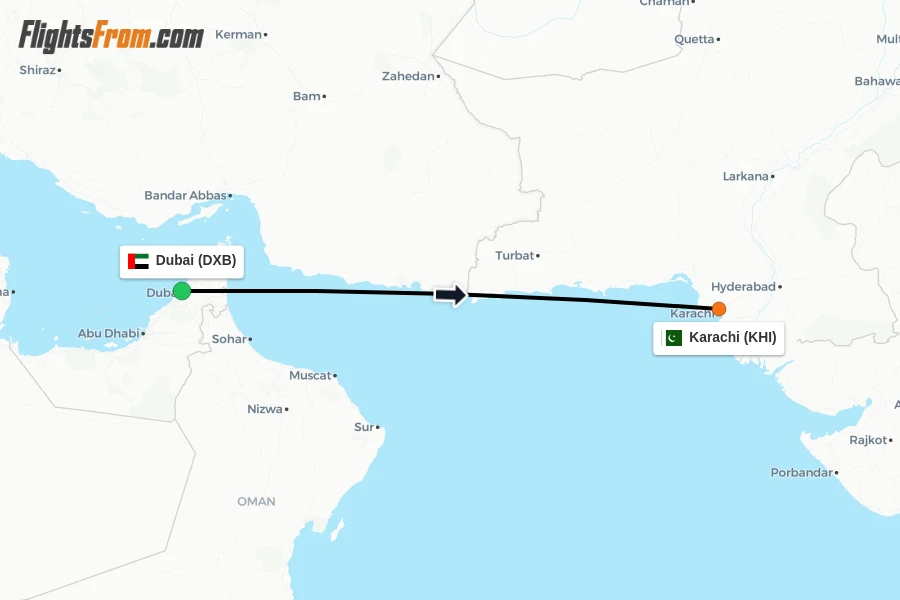Flights from Dubai to Karachi route map
