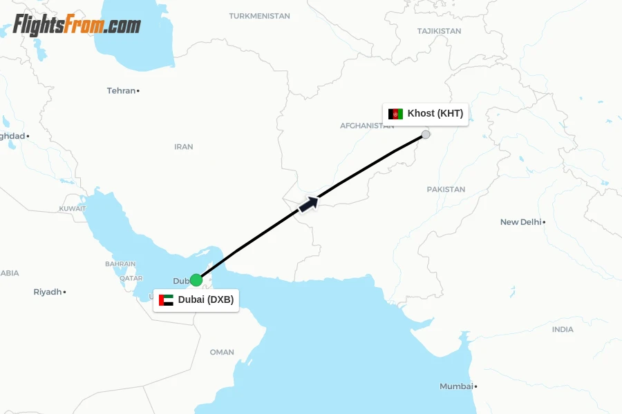 Flights from Dubai to Khost route map