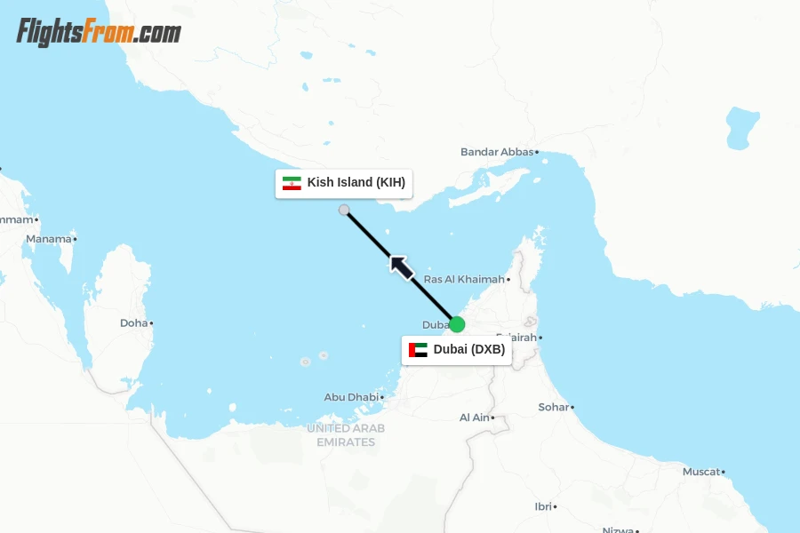 Flights from Dubai to Kish Island route map