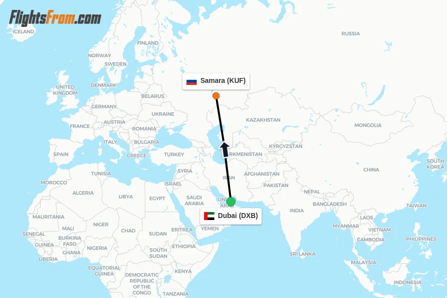 Flights from Dubai to Samara route map