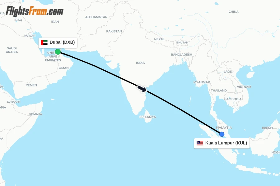 Flights from Dubai to Kuala Lumpur route map