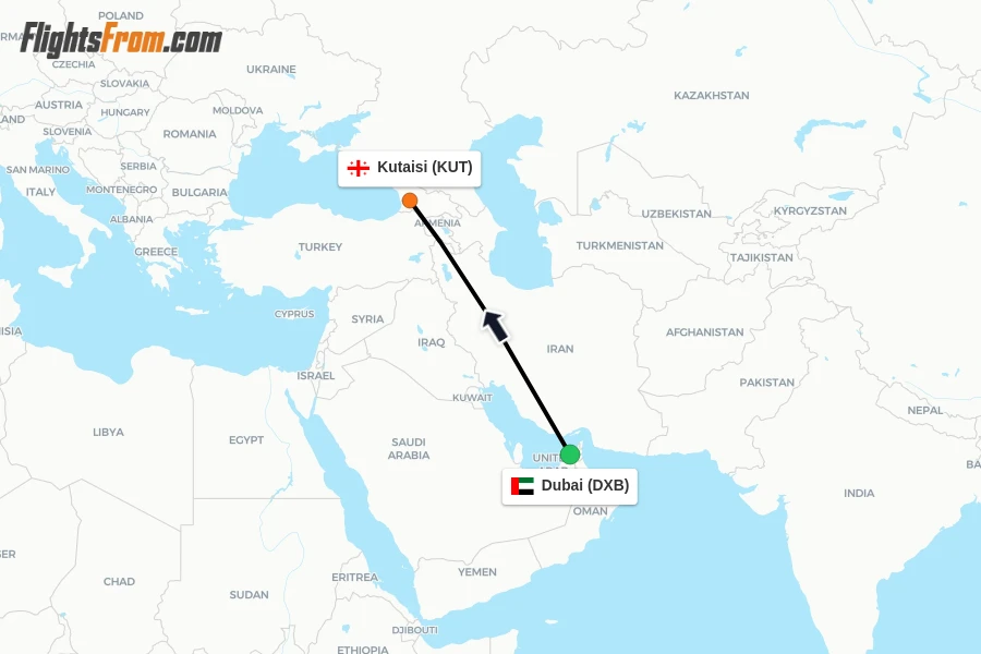 Flights from Dubai to Kutaisi route map