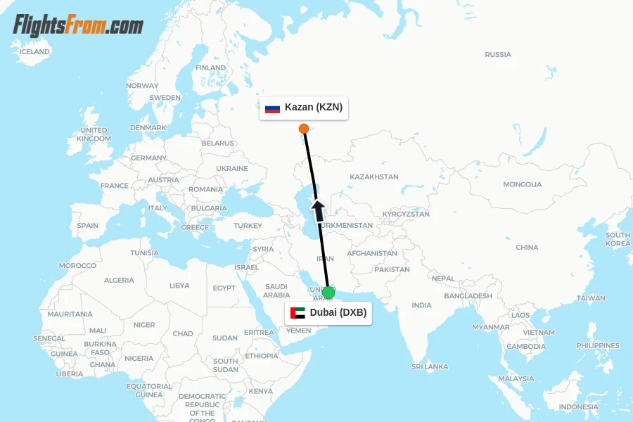 Flights from Dubai to Kazan route map
