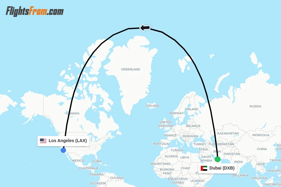 Flights from Dubai to Los Angeles route map
