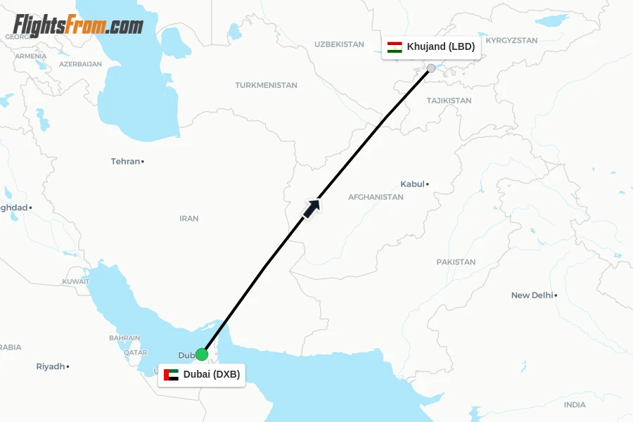 Flights from Dubai to Khujand route map