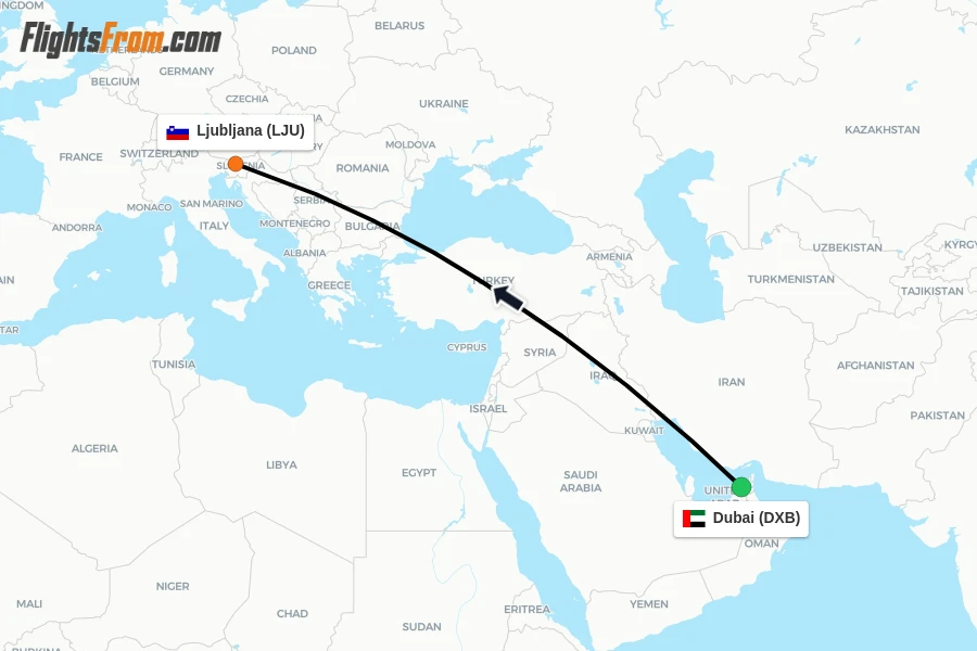 Flights from Dubai to Ljubljana route map