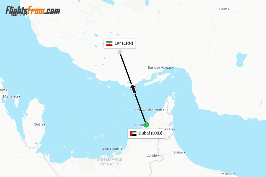 Flights from Dubai to Lar route map