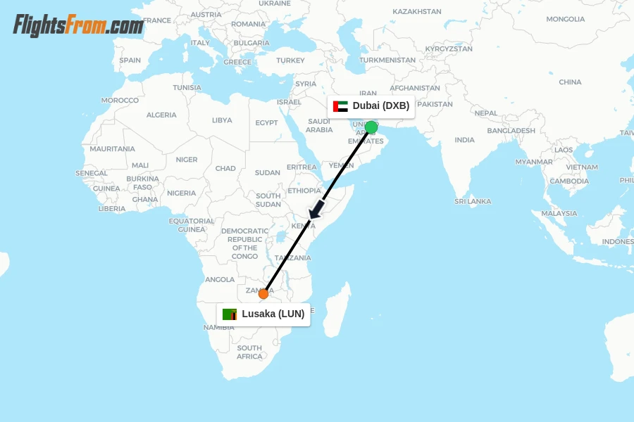 Flights from Dubai to Lusaka route map
