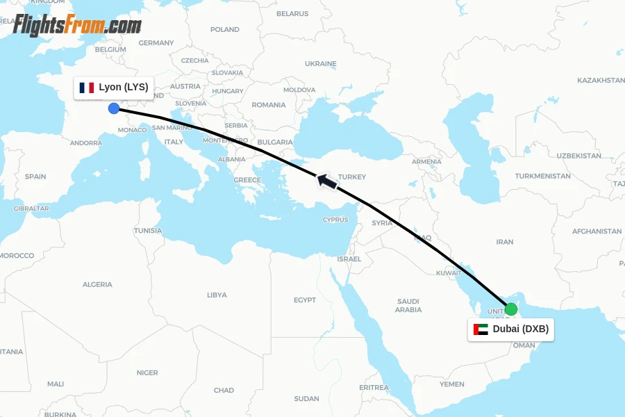 Flights from Dubai to Lyon route map
