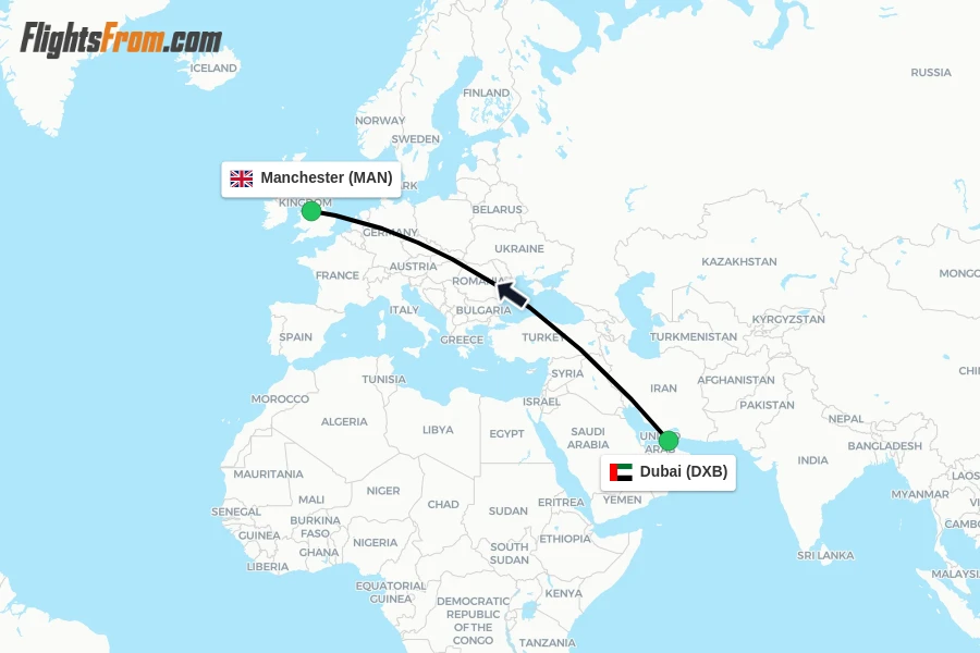 Flights from Dubai to Manchester route map