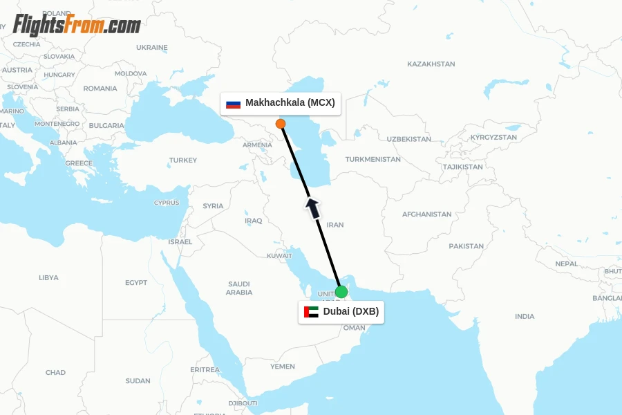 Flights from Dubai to Makhachkala route map