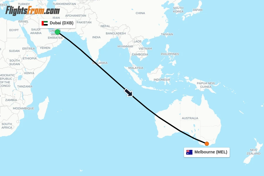 Flights from Dubai to Melbourne route map