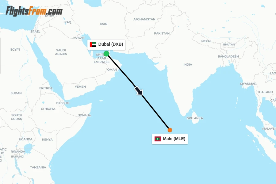 Flights from Dubai to Male route map