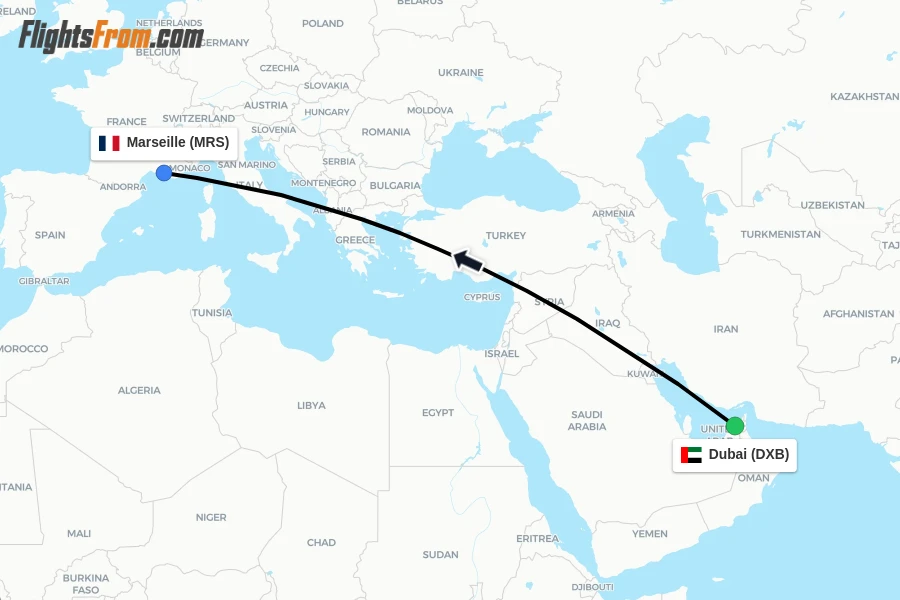 Flights from Dubai to Marseille route map