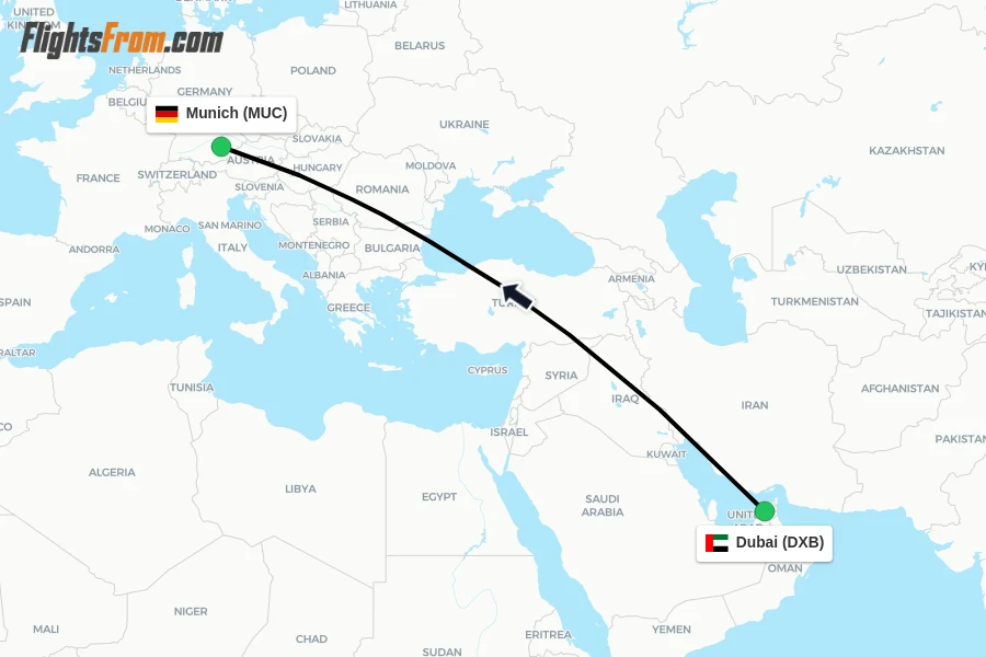 Flights from Dubai to Munich route map