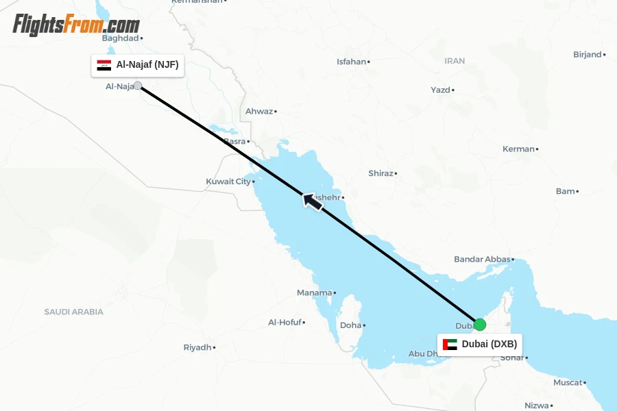 Flights from Dubai to Al-Najaf route map