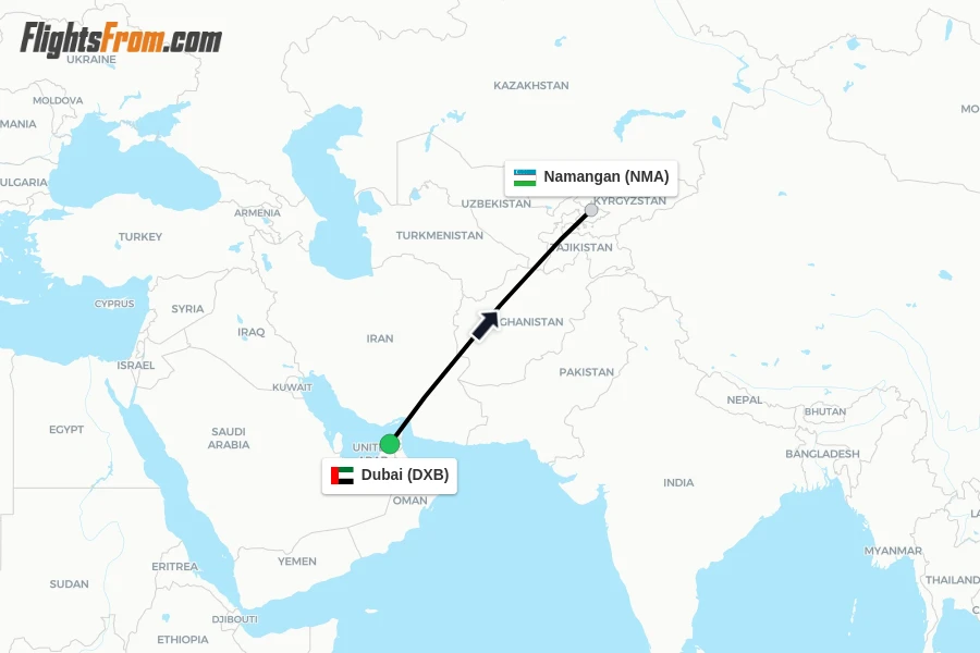Flights from Dubai to Namangan route map