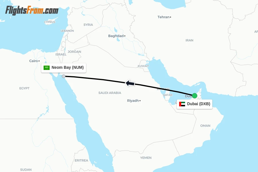 Flights from Dubai to Neom Bay route map