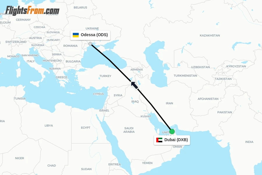 Flights from Dubai to Odessa route map